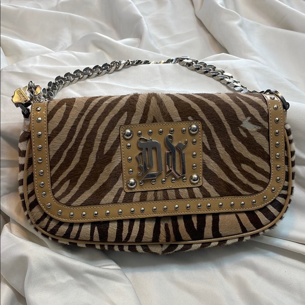 VERSACE Brown Zebra Print Shoulder Bag with Chain Strap